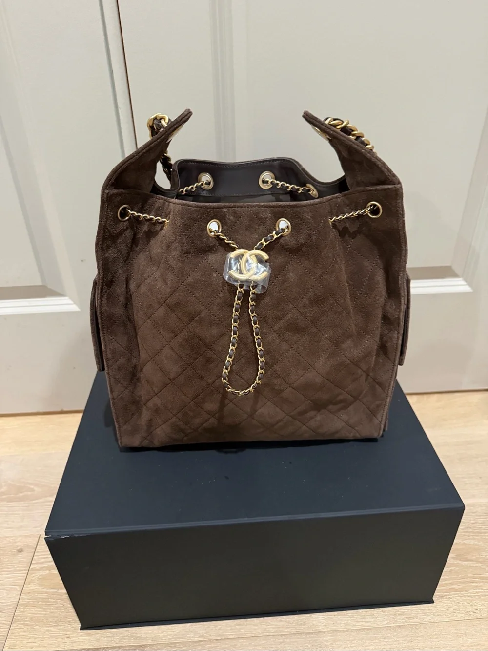 NWT Chanel Medium 25 Hobo Bag Dark Brown Suede Antique Gold Hardware